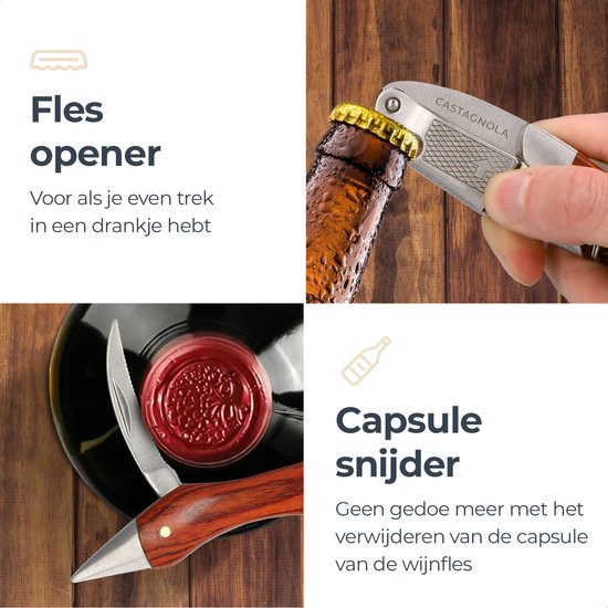 Castagnola Kurkentrekker - Kelnermes - Wijnopener - Wijn opener - Flesopener - Hefboom - Deluxe - Pakka Hout en RVS