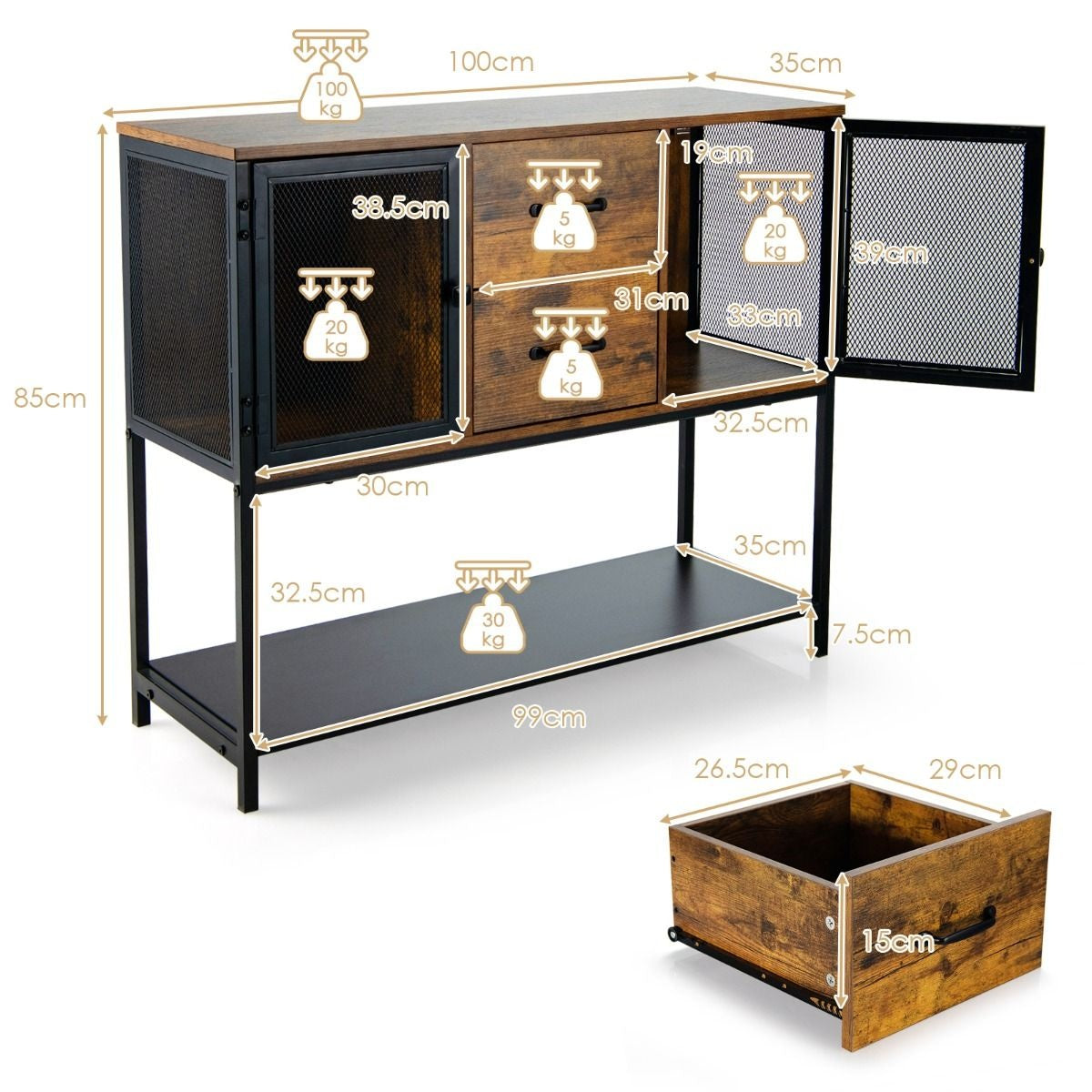 Coast Industrieel multifunctioneel dressoir met 2 roosterkasten en 2 laden 100 x 35 x 85 cm