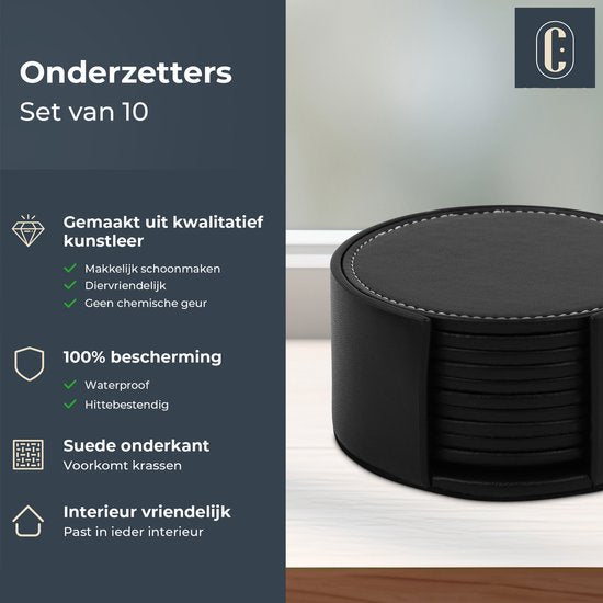 Castagnola Kunstlederen Onderzetters – Onderzetters voor Glazen – Design Onderzetters met Houder – Leren Onderzettersset – Leder – Set van 10 – Zwart met Stiksel