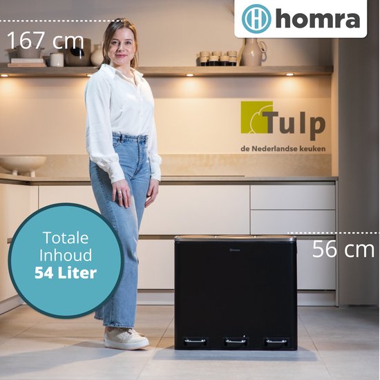 Homra Sparq Pedaalemmer 54 Liter - Zwarte Prullenbak 3 vakken - Trio Prullenbak 3 X 18 Liter - Prullenbak Afvalscheiding - Vuilnisbak voor huishouden en kantoor - Recycle Vuilbak keuken Afvalemmer - Afvalscheidingsprullenbakken