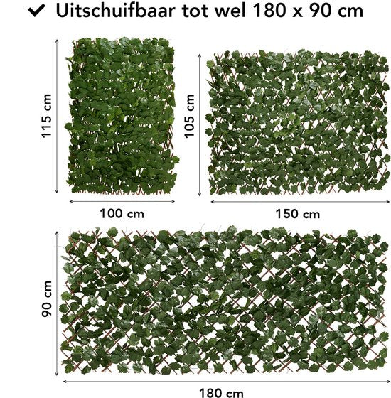 Brixy Kunsthaag – Uitschuifbaar – 180 x 90 cm – Kunstklimop – Kunstplanten Voor Buiten En Binnen – Namaak Plant – Kunst Klimop – Uittrekbaar – Tuinscherm – Balkonscherm