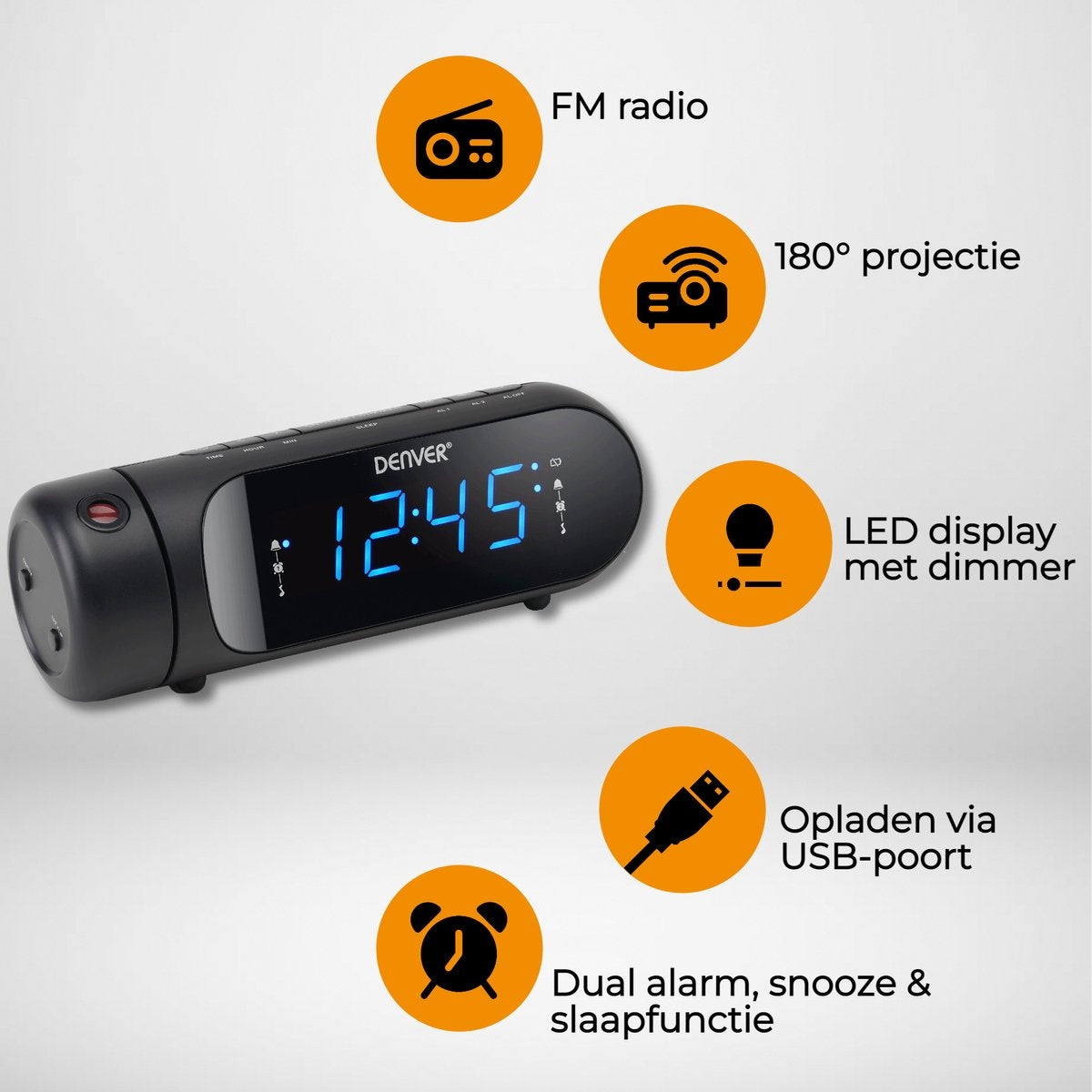 Denver Wekkerradio met Projectie - Opladen via USB - Digitale Wekker - FM Radio - Dubbel Alarm - CPR700 - Zwart