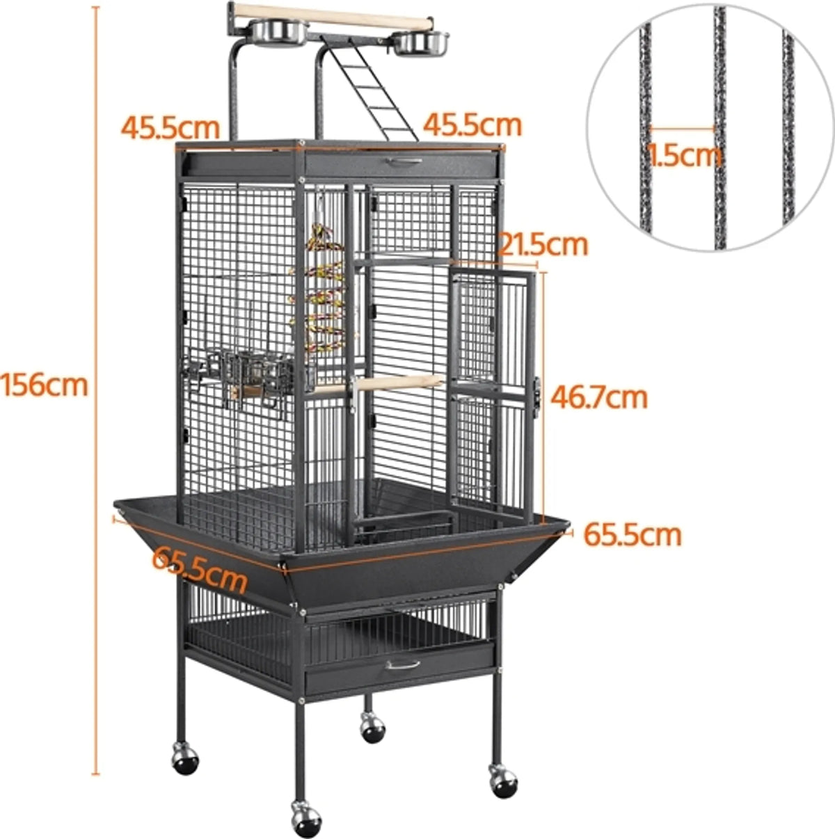 Yaheetech Papegaaienkooi Met Speelplateau – Voorzien Van Zaadvanger En Uitschuifbare Mestlades En Voerluikjes – Voor Valkparkieten En Papegaaien – Zwart Poedergecoat IJzer – 65,5 x 65,5 x 156 cm