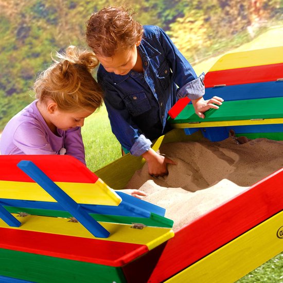 AXI Ella Houten Zandbak in Regenboog kleuren - Met Zitbankjes en Deksel - FSC hout - 100x95x20cm - Zandbak voor kinderen