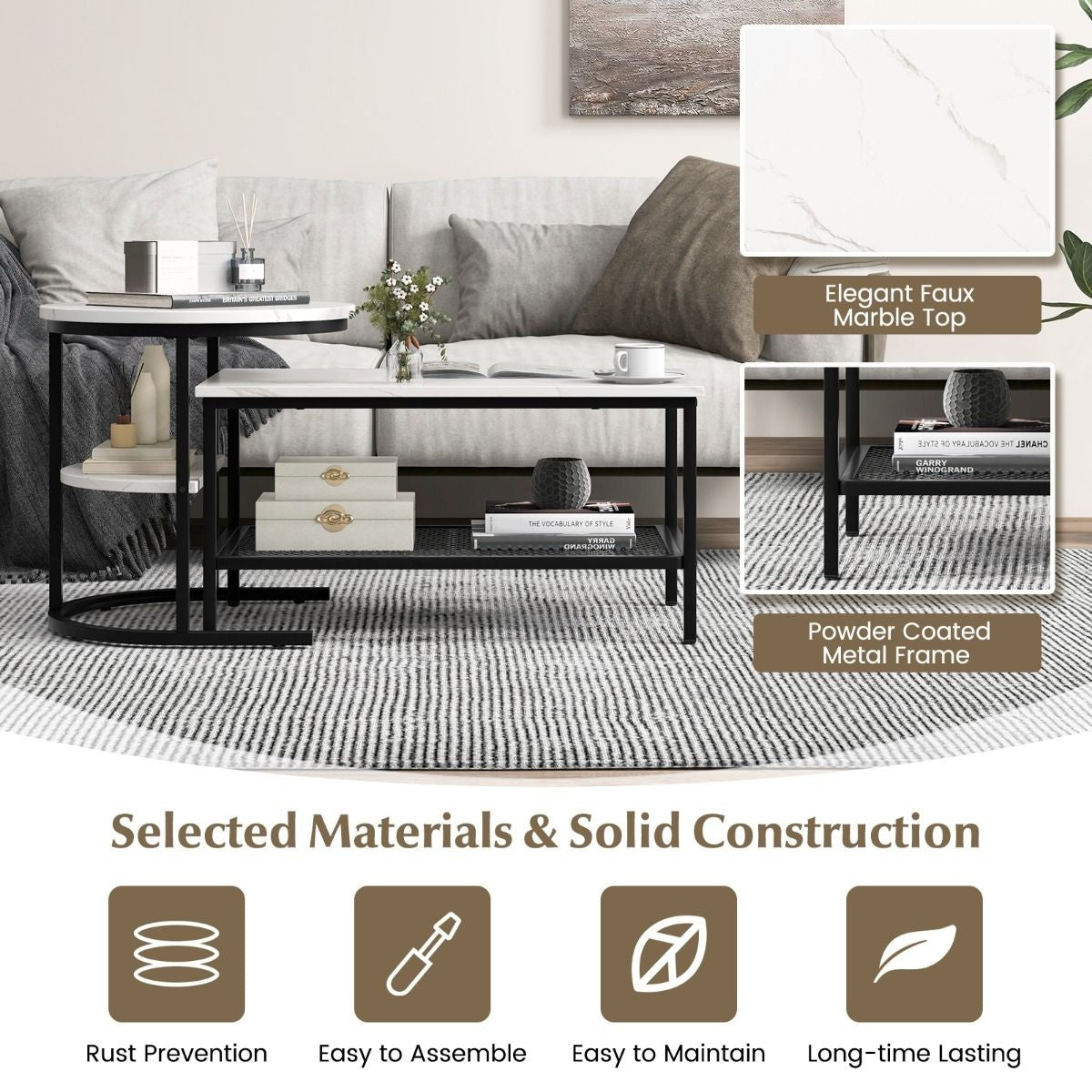 Coast Bijzettafel - Set van 2 - Marmerprint - Wit/ Zwart
