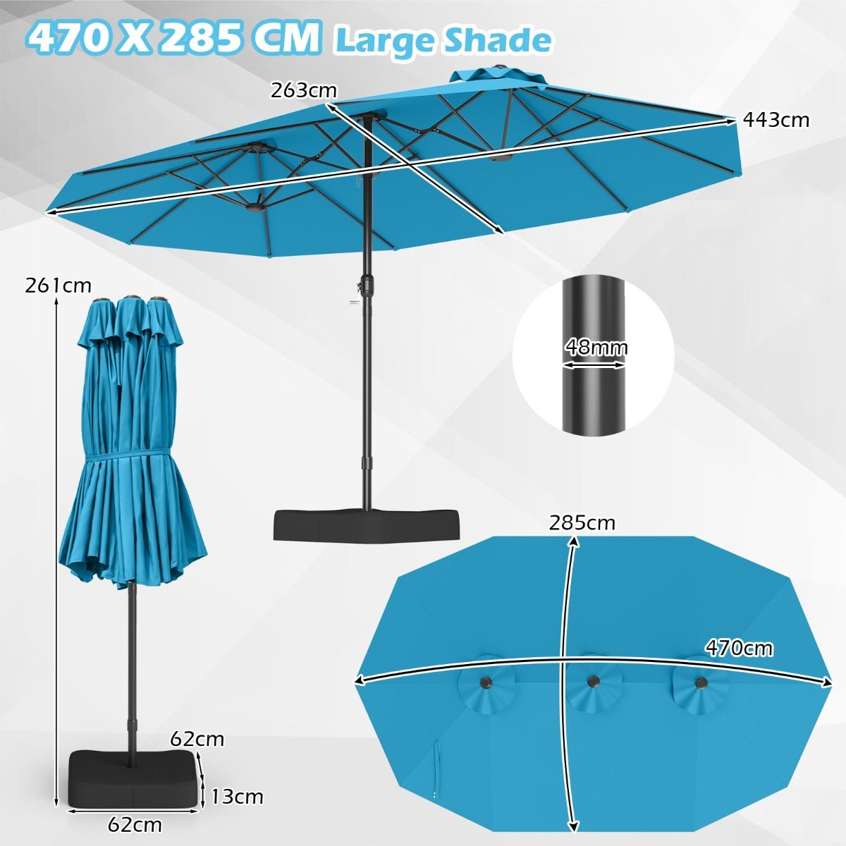Coast Dubbele Terrasparasol 470x285x261 cm - Turquoise - Verzwaarde Voet met Zwengel - 12 Sterke Baleinen - Rechthoekige Tuin- en Terrasparasol