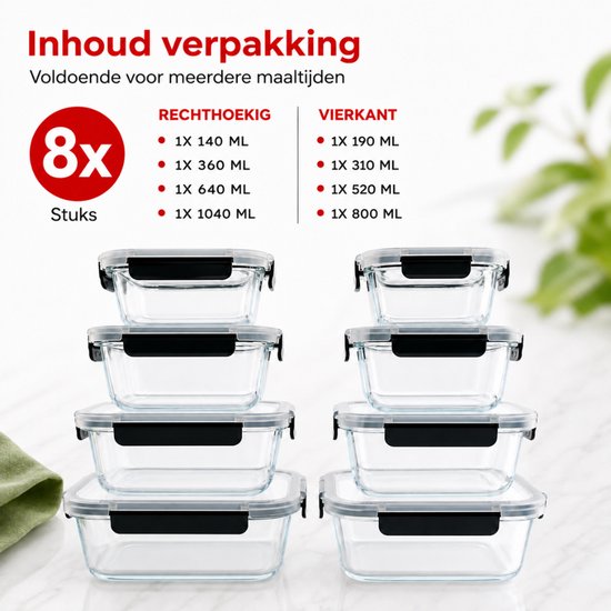 Organess Meal prep bakjes - Vershoudbakjes - Diepvriesbakjes - 8 Delige set - BPA vrij - Glas - BPA vrije deksel