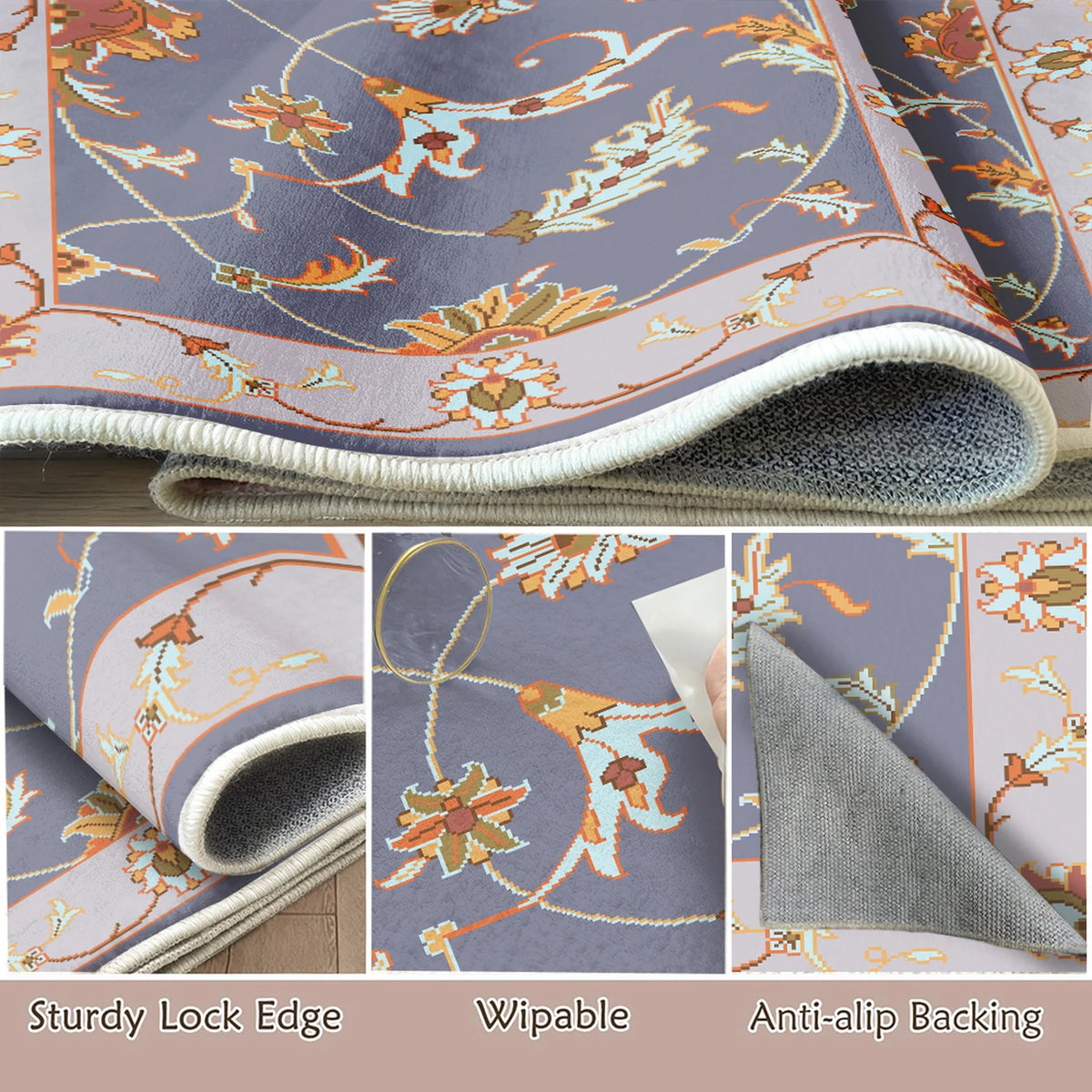 WhereHike Vloerkleed Bloemen & Vogels Print - Paars - 183 x 274 cm - Wasbaar, Antislip