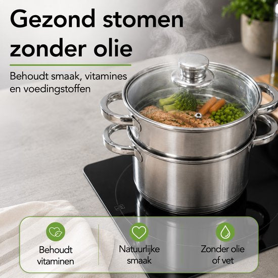 Aviro Stoompan - Glazen Deksel - 3,1L - 20 CM - Inductie En Gas - 3-Delige Rijst- En Groentestomer - RVS