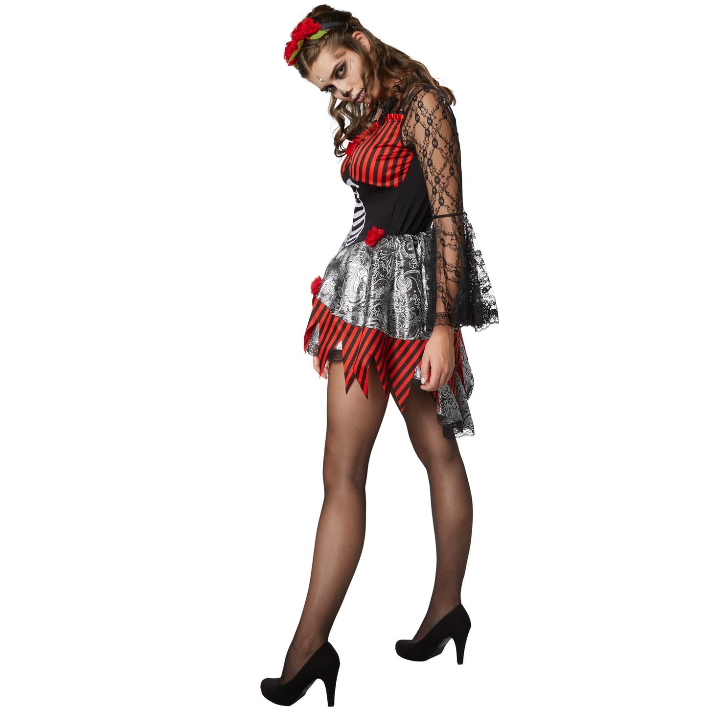 TecTake Halloween Danseres Kostuum Dames - L - Rood – Jurk met Skeletprint, Kant en Haarband