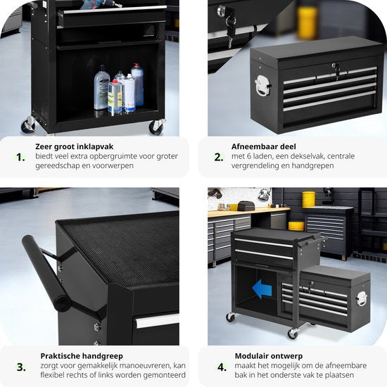 tectake® Werkplaatswagen met Kofferbevestiging - Afsluitbare Gereedschapswagen met 10 Vakken - Mobiele Werkbank van Staal - Wielen met Rem - Lege Gereedschapswagen, Gereedschapskast - Zwart