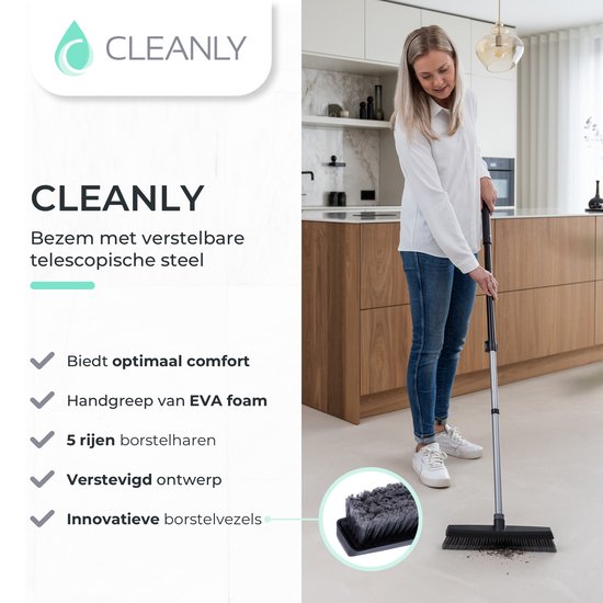 CLEANLY Bezem Binnen en Buiten met Telescopische Steel 115-142 cm - Borstel met Steel - Straatbezem - Kamerveger - Zaalveger - Zachte Bezem - Binnen Bezem - Breedte 35 cm - Zwart, Grijs