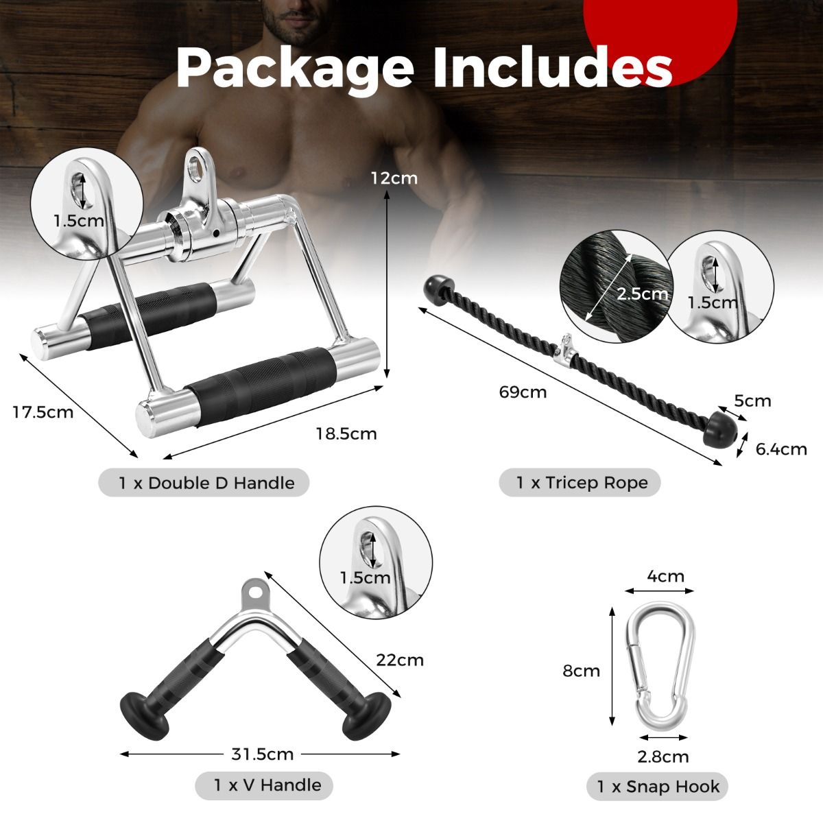 Coast Kabelmachine Accessoireset - V-handvat - Dubbel D-handvat - Triceps touw - Zwart en zilver