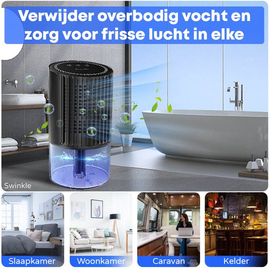 Swinkle Luchtontvochtiger – Tot 0,35 L/dag – Compacte Dehumidifier voor Woonkamer, Slaapkamer & Badkamer – Zwart
