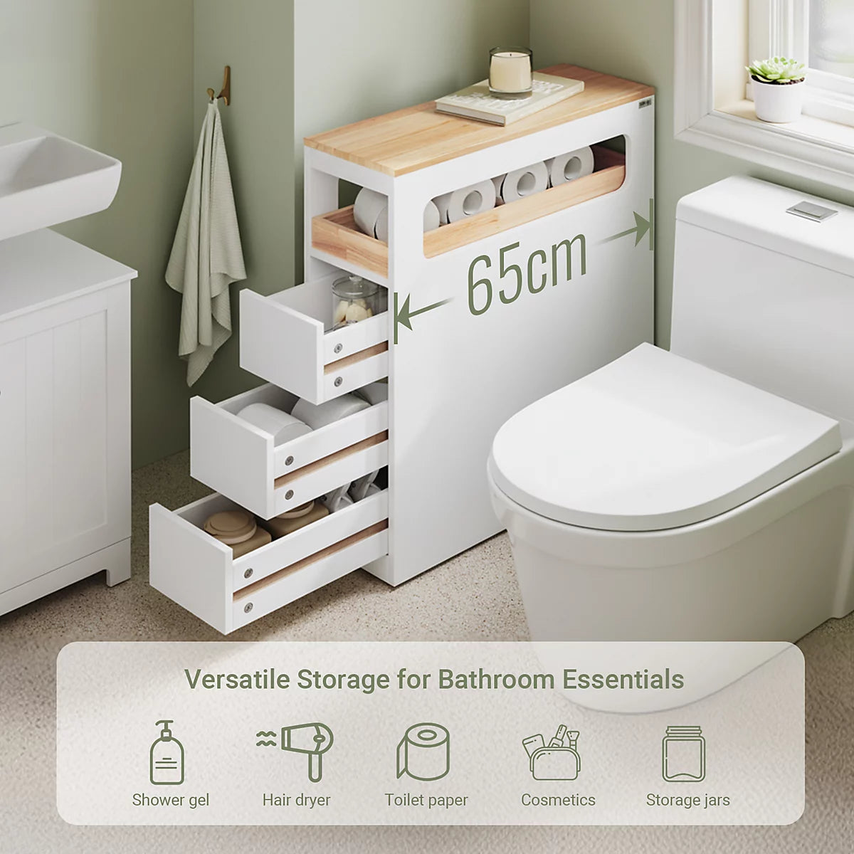 SoBuy – BZR54-II-W Slanke Vrijstaande Badkamerkast – 65 x 23 x 82 cm – Voorzien Van 3 Lades En 4 Wielen En Verplaatsbaar Tussenschot – Voor Badkamer En Gastentoilet – Wit MDF En Rubberhout