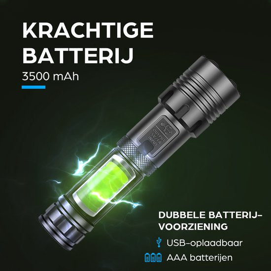 Exortus® Oplaadbare LED Zaklamp - 5000 Lumen - Duurzaam en Waterdicht - 26650 Batterij - COB Verlichting - Opbergdoos - Holster
