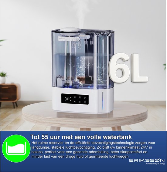 Erikssøn Luchtbevochtiger Hydra Comfort - 6 Liter - Geschikt voor Woonkamer, Kantoor, Slaapkamer, Babykamer - Met Aromatherapie - Wit