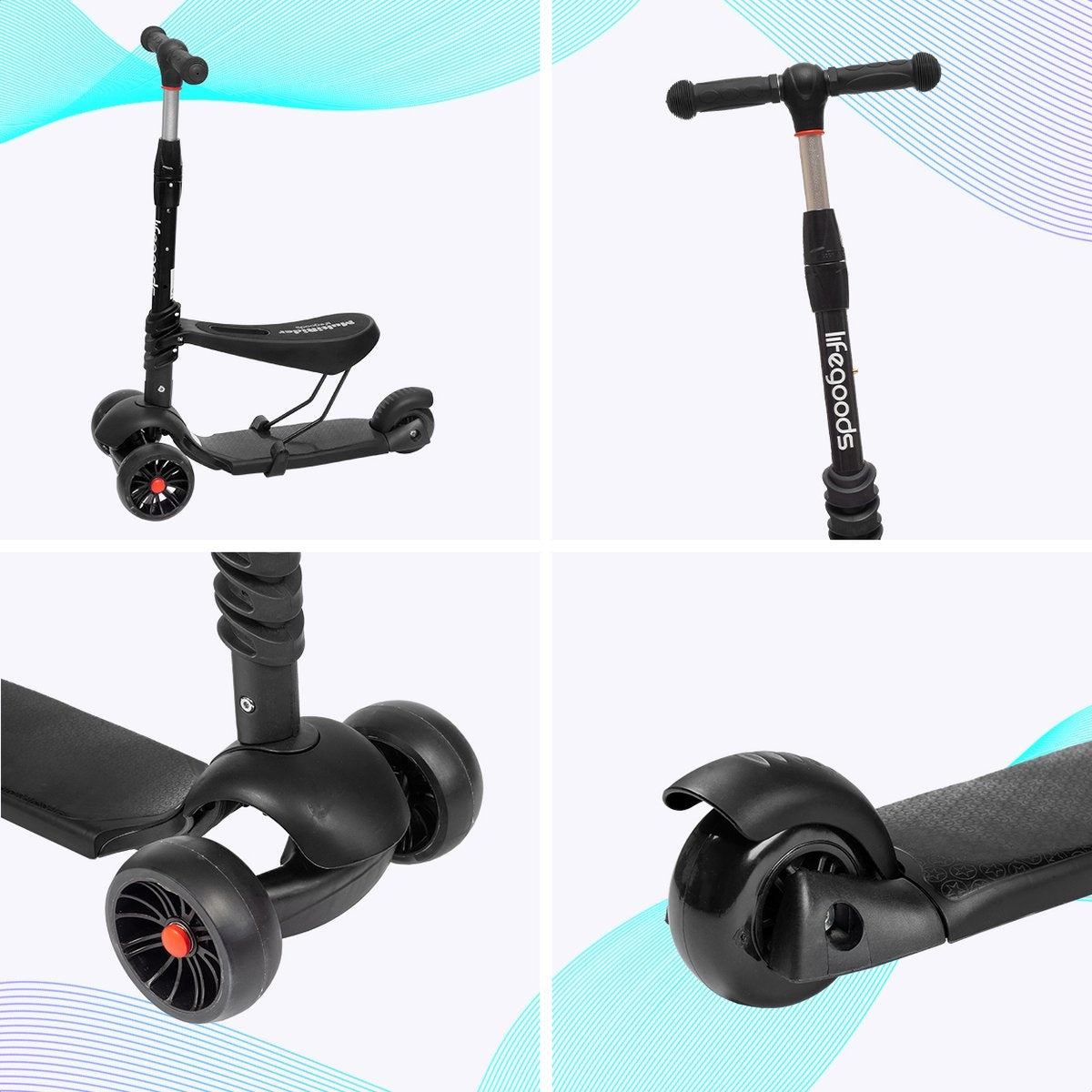LifeGoods MultiRider Kinderstep - Step 3-8 Jaar - Verstelbaar Zitje - Lichtgevende Wielen - Jongens/Meisjes - Zwart
