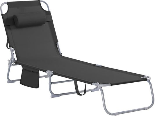 SoBuy Opvouwbare Ligstoel, Verstelbare Tuinligstoel met Hoofdsteun en Opbergzak, Ergonomische Relaxstoel voor Buiten,Tuin, Balkon en Terras, Zwart, OGS35-SCH