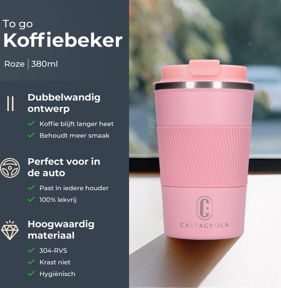 Castagnola Thermosbeker - Koffiebeker To Go - Travel Mug voor Koffie en Thee - Theebeker - 380 ML - RVS - Roze