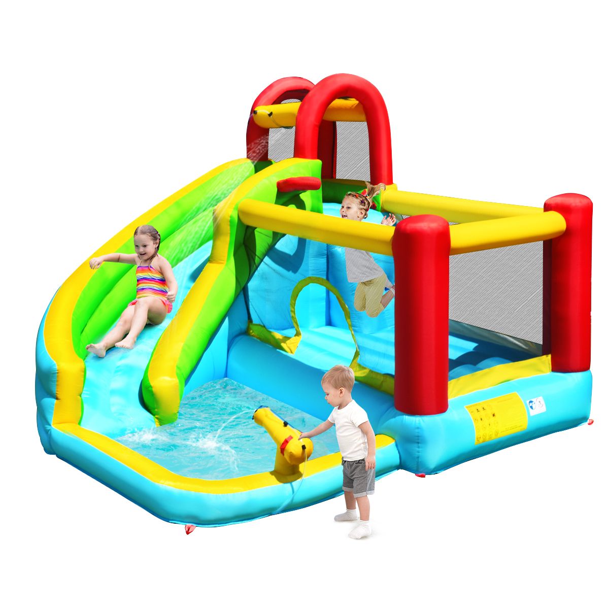 Coast Opblaasbaar Springkasteel 6-in-1 - Gebogen glijbaan - Klimmuur en waterkanon - 320 x 305 x 213 cm