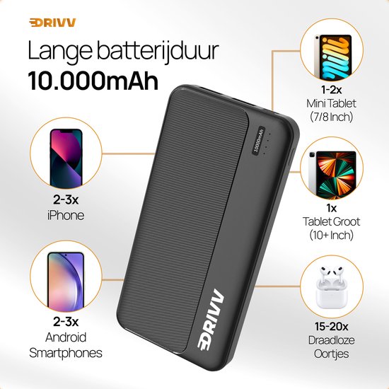 Drivv. Powerbank 10.000 mAh - 22.5W snellader - Fast Charge USB 3.0 - USB C - Geschikt voor Samsung / iPhone / meer - Zwart