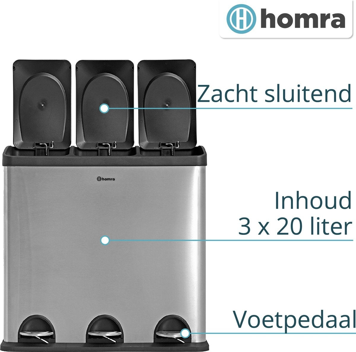 Homra Maxer Pedaalemmer 60 Liter - RVS Prullenbak 3 vakken - Trio Prullenbak 3 X 20 Liter - Prullenbak Afvalscheiding - Vuilnisbak voor huishouden en kantoor - Recycle Vuilbak keuken Afvalemmer Zilver - Afvalscheidingsprullenbakken