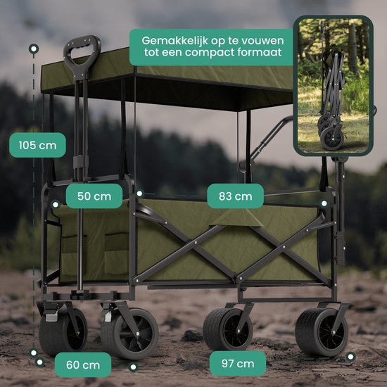 Avalo Bolderkar Met Dak XL Opvouwbaar - Tot 110KG Draagvermogen - 120L - 97x60x105 CM - 360º Wielen - Bolderwagen / Bolderkarren / Strandkar / Trekkar / Plooibare Bolderkar - Voor Strand - Groen