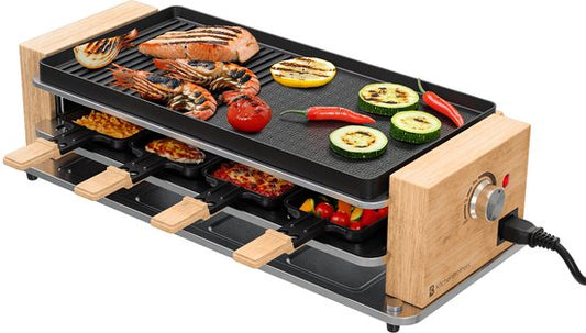 KitchenBrothers Gourmetstel - 950W - Gourmetplaat 8 Personen - Set met Pannetjes en Spatels - 46,5 x 23 cm - Hout/Zwart