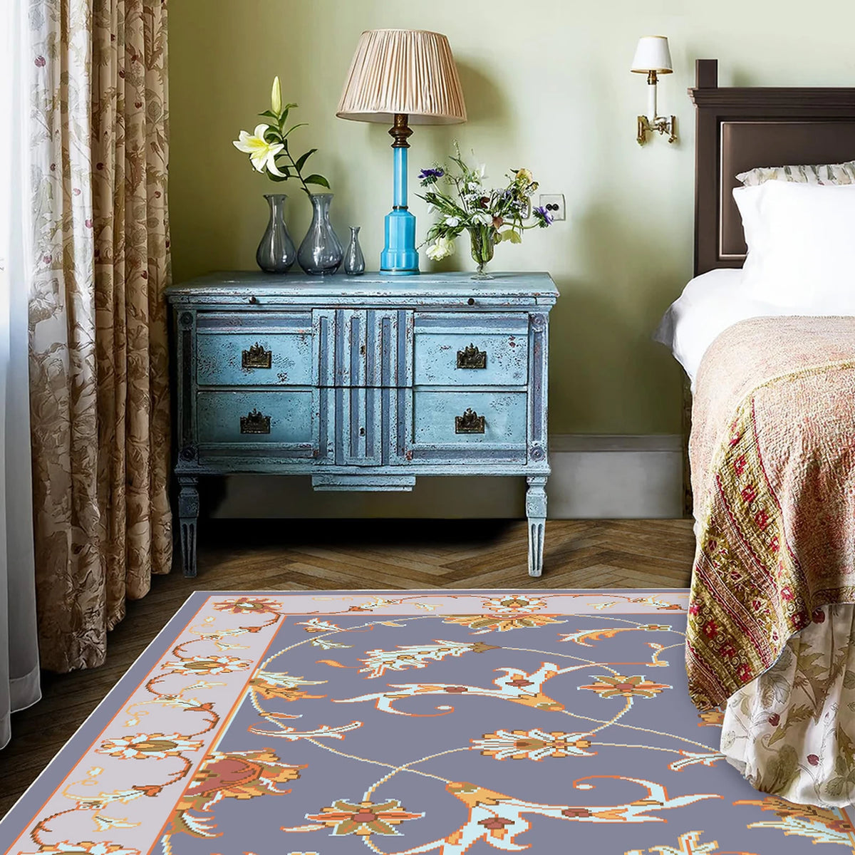 WhereHike Vloerkleed Bloemen & Vogels Print - Paars - 183 x 274 cm - Wasbaar, Antislip