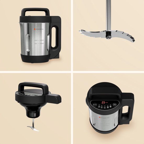 KitchenBrothers Soepmaker - 1.2L - 5 Programma's - Timer Display - Blender - RVS/Zwart
