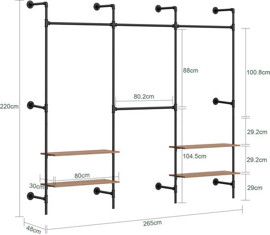 SoBuy wandgemonteerde kledingstang met 4 hangstangen en 4 MDF-planken, open kledingkast, draagvermogen 120 kg voor slaapkamer, 265x48x220 cm, industrieel zwart KLS19-SCH