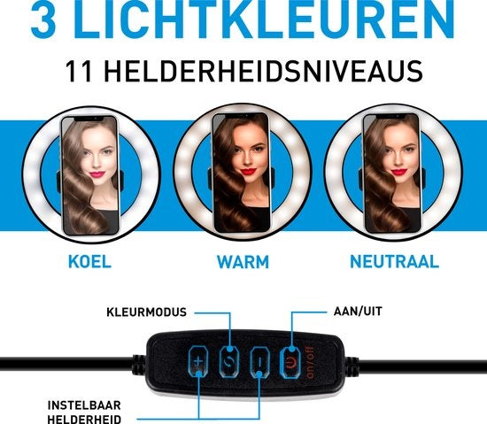 Grundig Ringlamp met Statief en Telefoonhouder - Verstelbaar tot 210cm - Geschikt voor TikTok en YouTube - 3 Lichtstanden