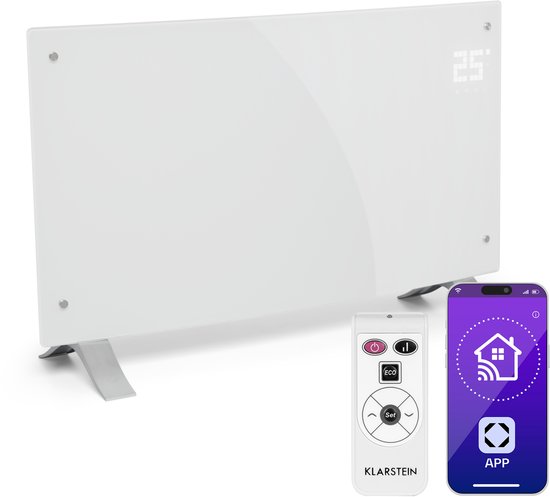 Klarstein energiezuinige, elektrische verwarming voor thuis, 2000 W slimme, vrijstaande, energiezuinige convectorkachel met thermostaat, slank draagbaar design, stille verwarming, opslagverwarming en wandgemonteerde paneelverwarming
