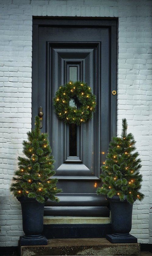 Black Box Trees Glendon - Set van 2 Kerstbomen en 1 Krans met LED Verlichting - Groen