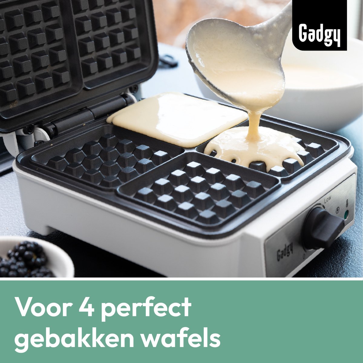 Gadgy Wafelijzer Voor 4 Wafels - Kunststof - 27.5x20x11 cm - Antiaanbaklaag - 1200 W - Wit