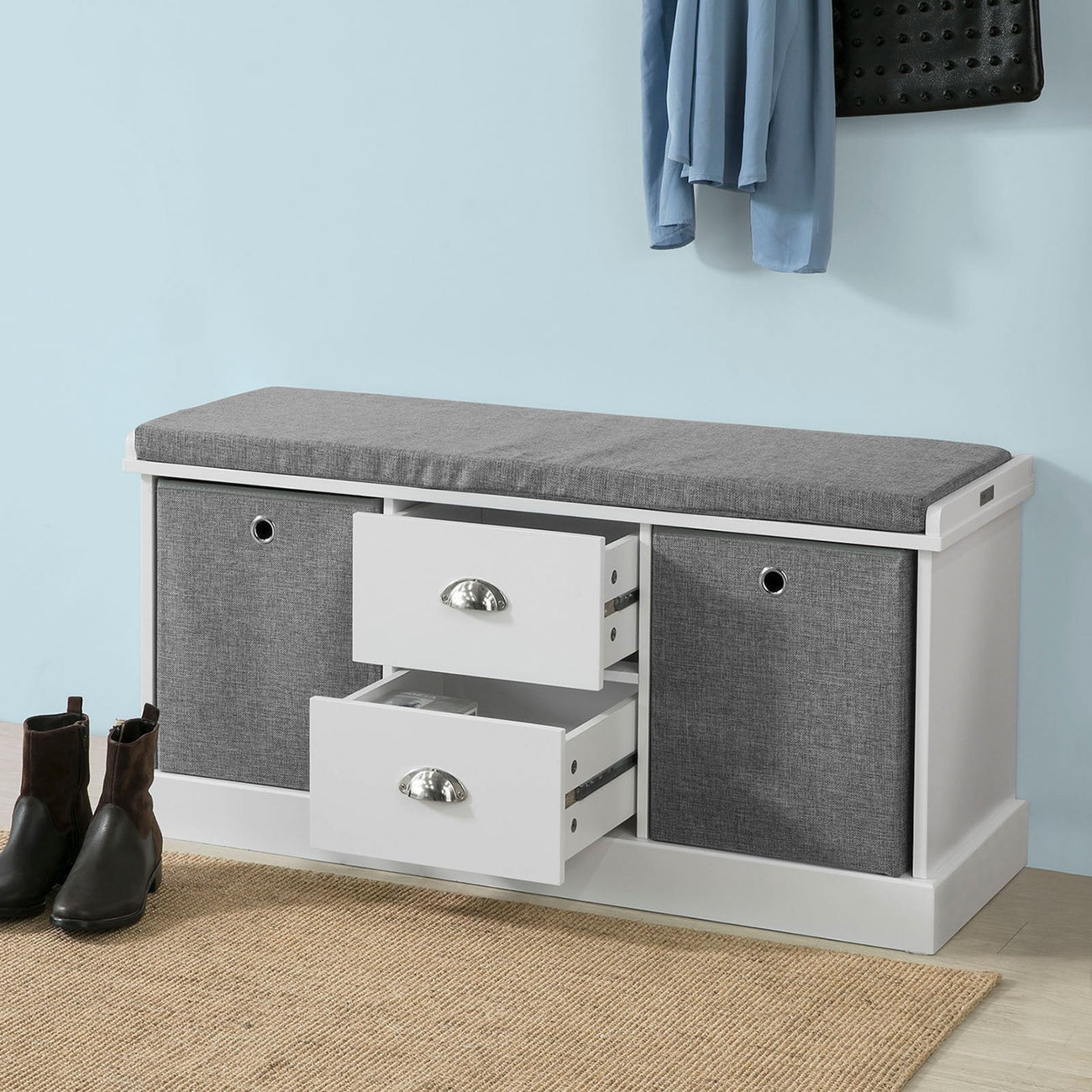 SoBuy Schoenenbank met zitkussen - 4 Lades - 108 x 20 x 41 cm - Grijs/ Antraciet