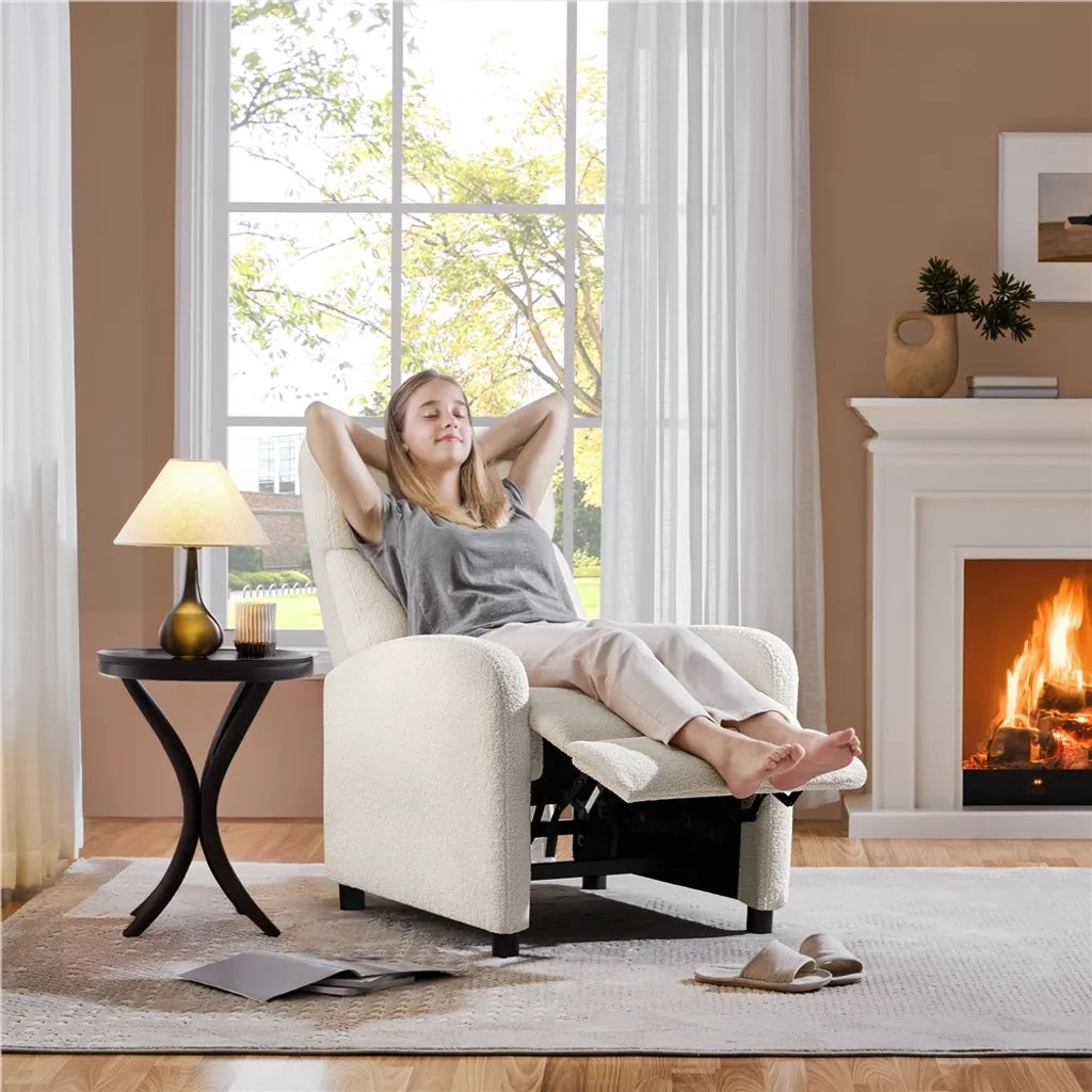 Yaheetech Relaxfauteuil - Verstelbare Rugleuning - Voetsteun - Bouclé - Crème