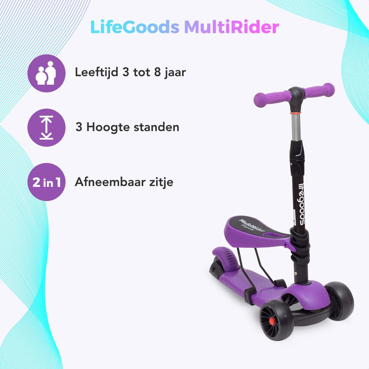 LifeGoods MultiRider Kinderstep - Step 3-8 Jaar - Verstelbaar Zitje - Lichtgevende Wielen - Jongens/Meisjes - Paars