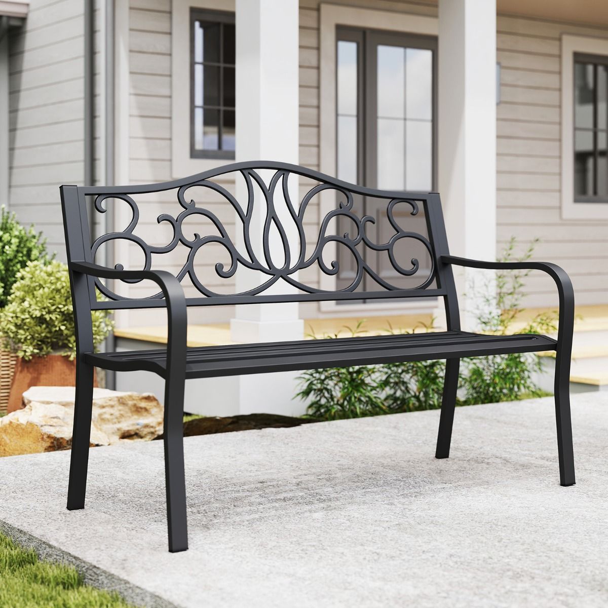 coast Tuinbank Zwart - Gietijzeren Rugleuning met Bloemenpatroon - 127 x 61 x 89 cm - 2-3 Persoons Terrasbank met Armleuningen