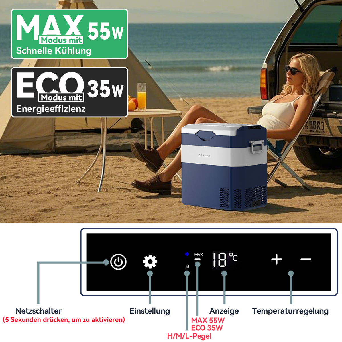 BINGI compressor koelbox - 42 liter - 12/24 V en 230 V