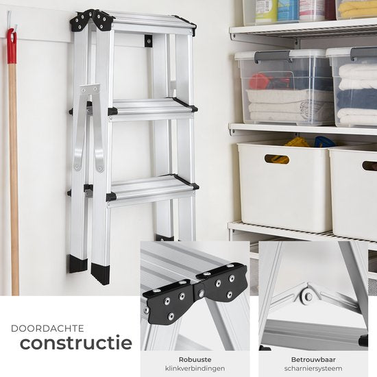 tectake® Dubbelzijdige Aluminium Keukentrap - 3 Treden - 58 cm - Stevige Trap Ladder - Opklapbaar Opstapje - Antislip Huishoudtrap