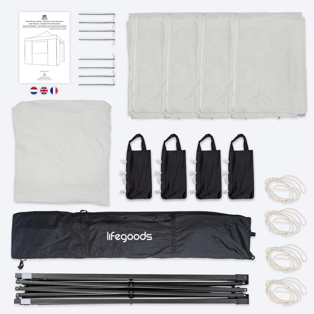 LifeGoods Partytent - Paviljoen - EasyUp - Opvouwbaar - 4 Zijwanden - Waterdicht - Met Draagtas met wieltjes - 292 x 292 cm - Wit