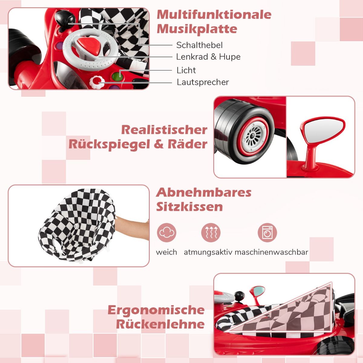 Coast 4-in-1 Babyloopwagen - verstelbare hoogte - afneembaar speelblad - roze
