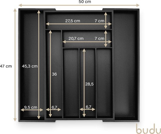 Budu Uitschuifbare Bamboe Bestekbak #47 (47 cm diep) - Zwart - Bestekcassette Hout - Besteklade - 47 x 30,6 - 50 cm - 6/8 vakken