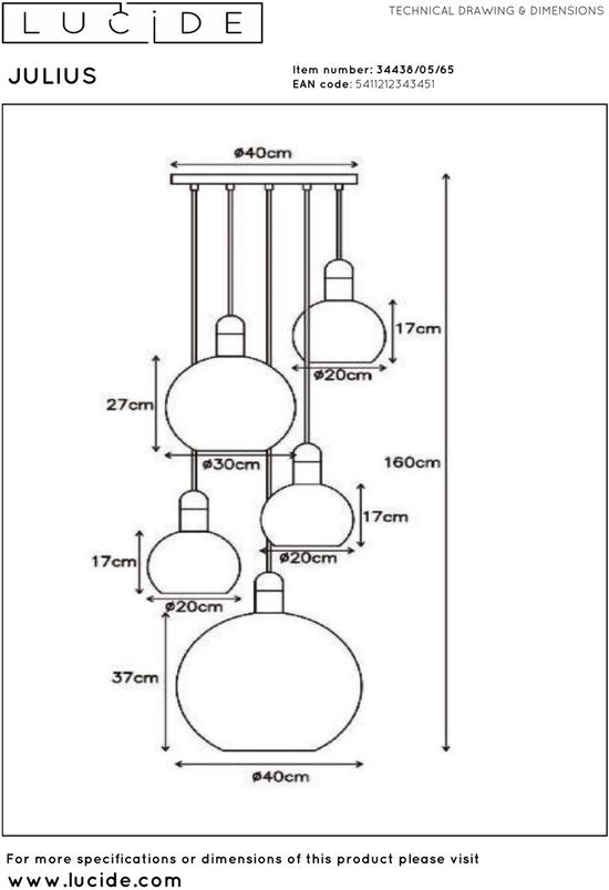 Lucide JULIUS - Hanglamp - 5xE27 - Fumé