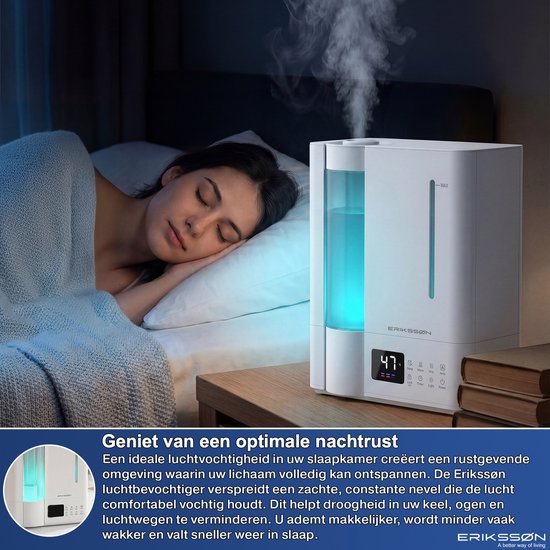 Erikssøn Luchtbevochtiger Elite - 8 Liter - Geschikt voor Woonkamer, Kantoor, Slaapkamer, Babykamer - Humidifier - Met Aromatherapie - Wit