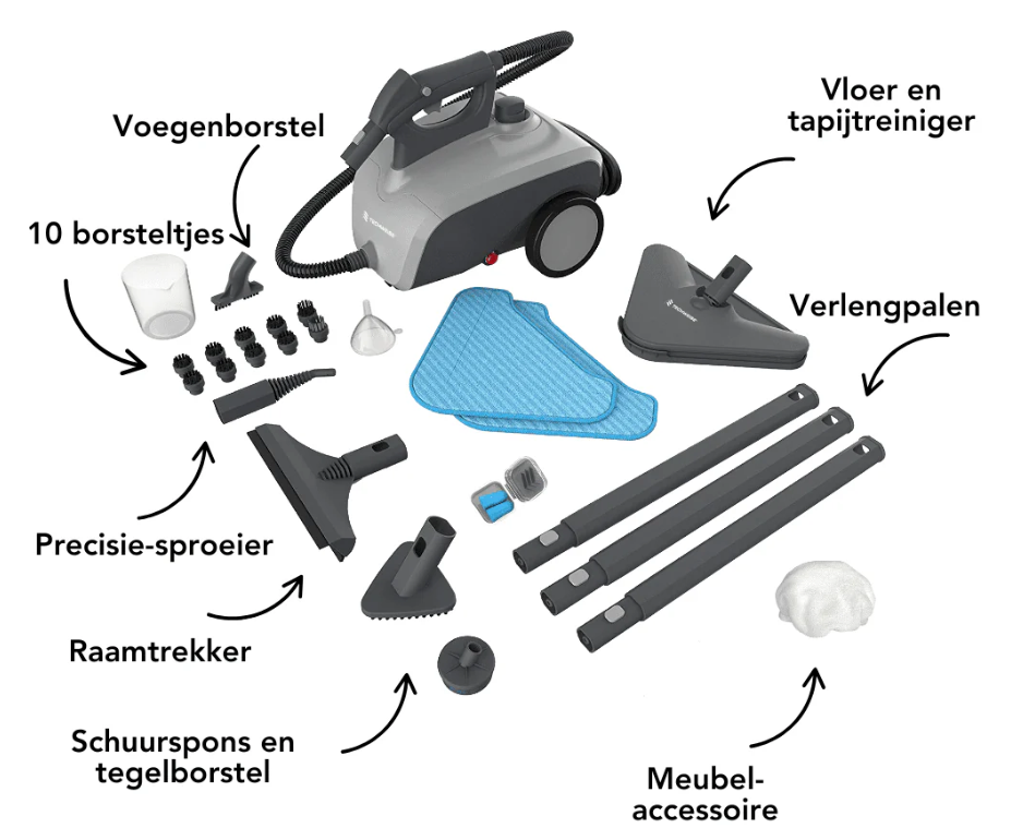 Techweise - TS1 Stoomreiniger (21 Accessoires) - 1500W, 45 Min Stoomtijd, 3.6 Bar Druk, 100°C - 40 x 28.2 x 33.5 cm - Kunststof/Metaal - Grijs/Zwart