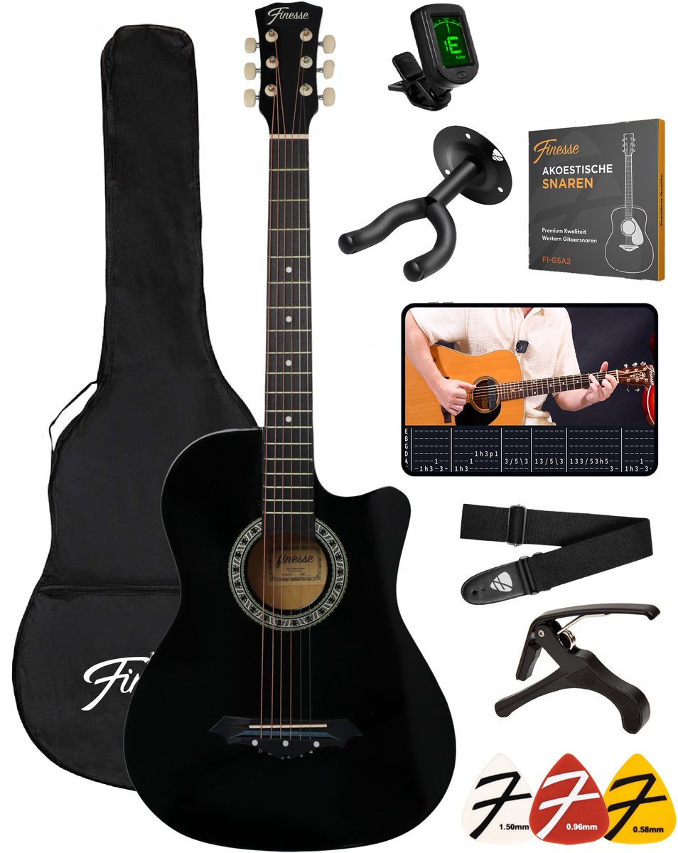 Finesse Akoestische gitaar starterset - 38 inch - Met accessoires en videocursus - Zwart