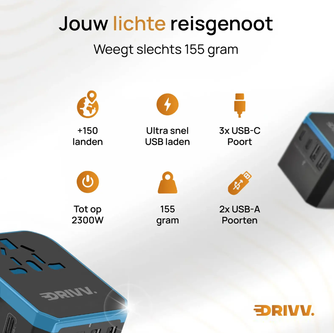 Drivv Universele Wereldstekker USB C - 6 Poorten - 2300W - Geschikt voor 150+ Landen